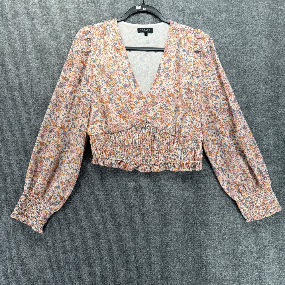 1 State Top Womens L Ditsy Floral Crop V-Neck Boho Cottagecore Prairie Western